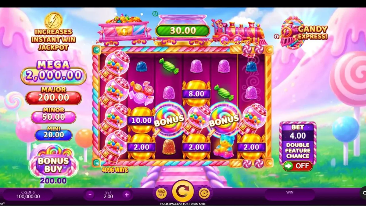 Candy Express Gold Blitz slot machine interface na may makukulay na kendi at tren