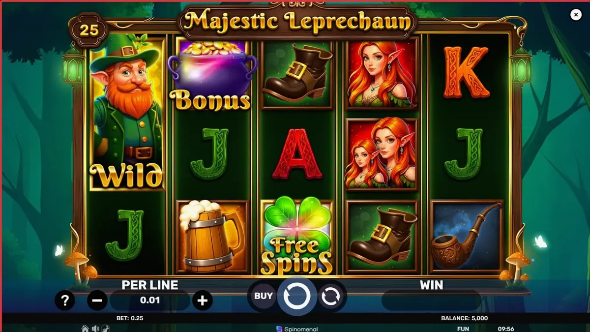 Ang Majestic Leprechaun slot ay nagtatampok ng makulay na Irish theme na may mga leprechaun at gintong barya.